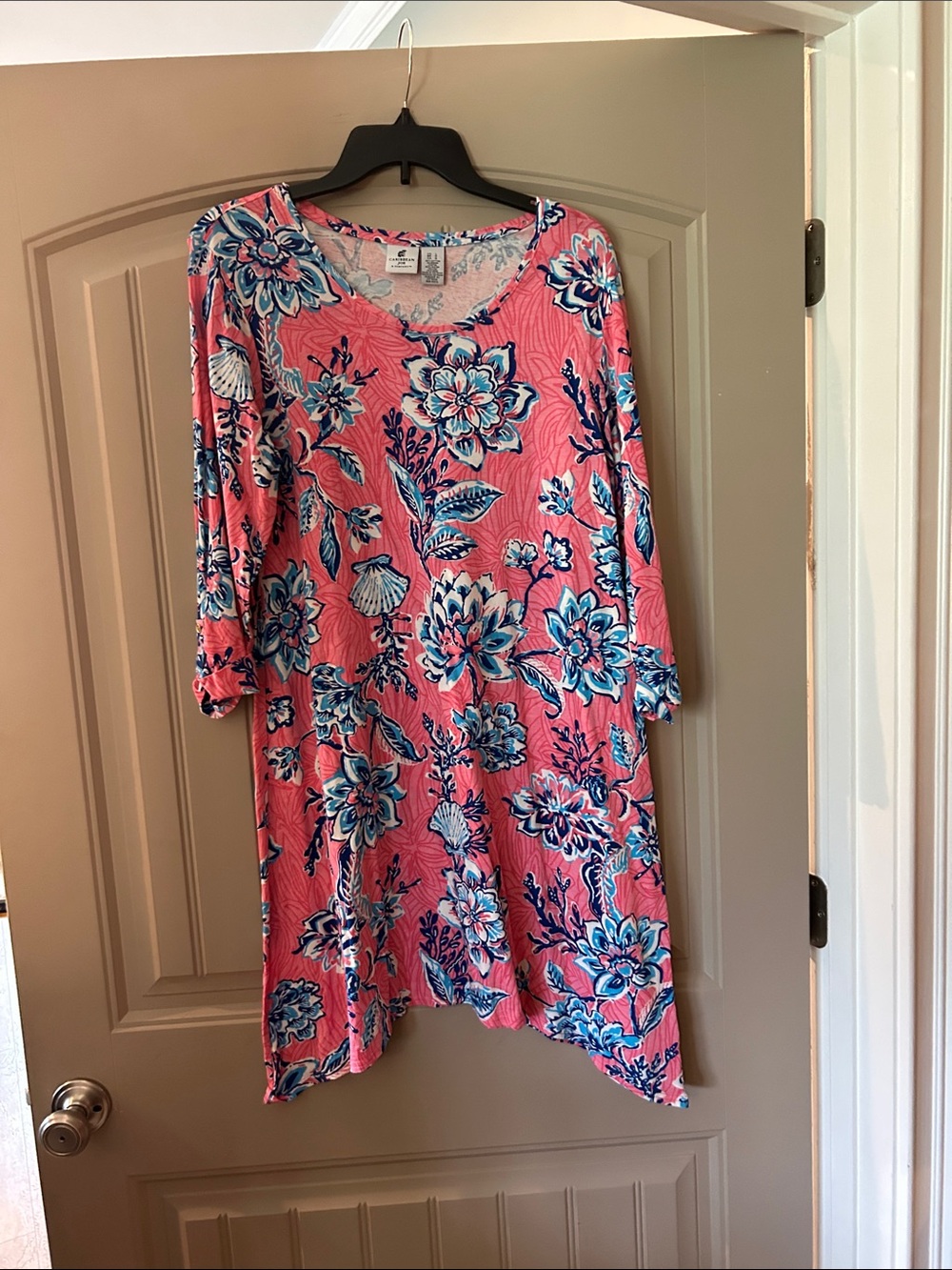 Caribbean Joe Pink Floral Scoop Neck Dress with Blue Accents
